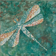 Textured Dragonfly Artwork Painting - Dotted Pointillism Insect on Green Artistic Background