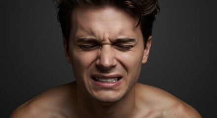 Obraz premium Emotional portrait of a man expressing pain against a dark backdrop