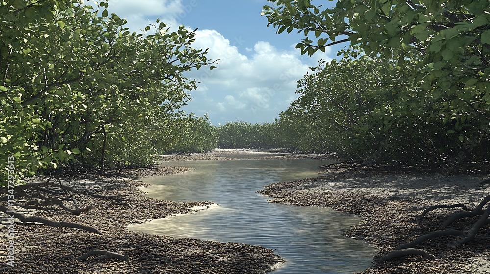 Poster a digital simulation of a coral reef ecosystem showing species interactions and the impacts of ocean