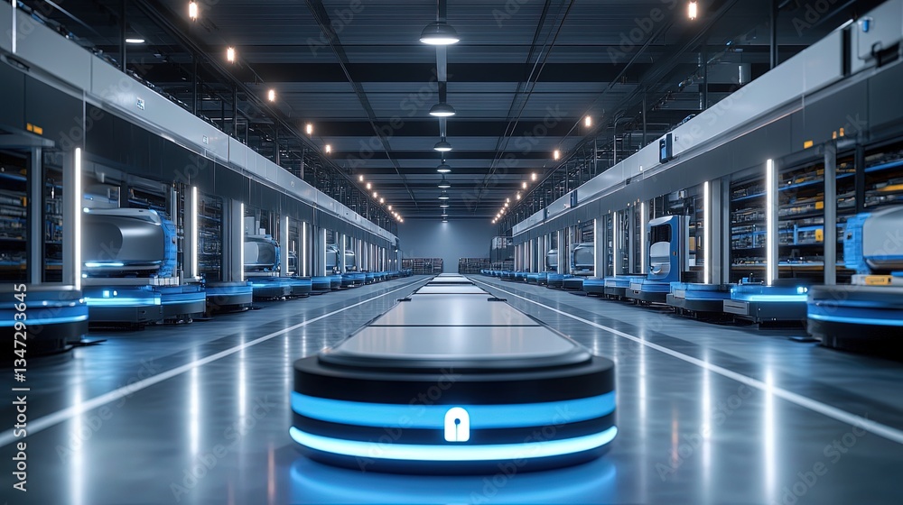 Poster modern automated warehouse with smart robotics, seamless workflow, clean layout, high-res