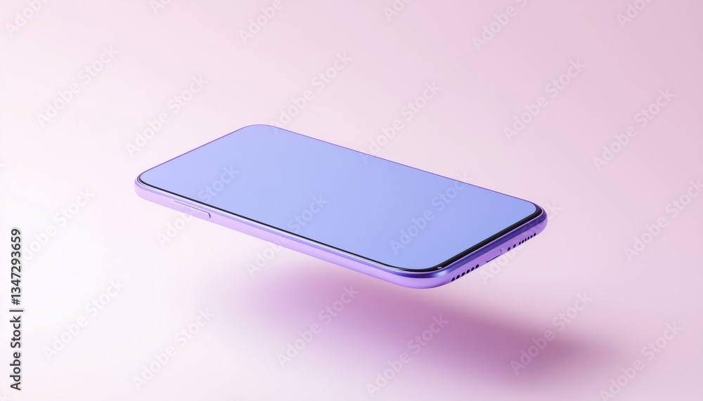 Poster purple case floating modern smartphone mockup with empty touch screen and blue blank display, front 