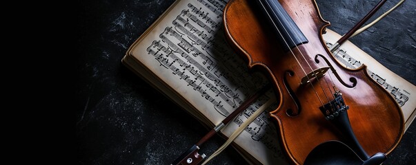 Fototapeta premium Vintage violin resting on a book of sheet music with dark background texture
