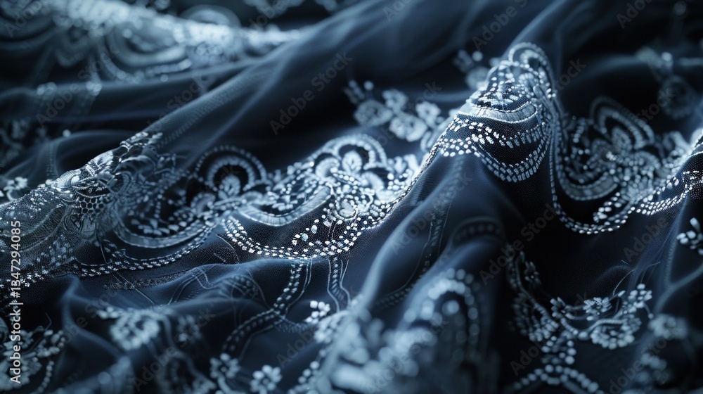 Poster high-contrast lace design showcases structured elegance with dynamic interplay of light and dark in 