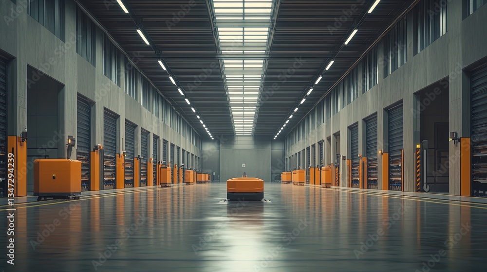 Poster modern automated warehouse with smart robotics, seamless workflow, clean layout, high-res