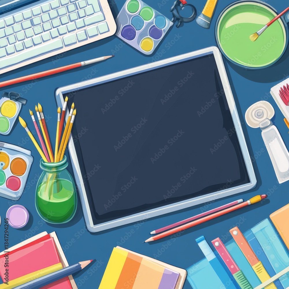 Poster artist's workspace: a colorful and creative desktop with tablet display for digital art and design p