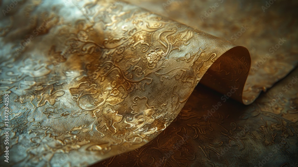 Poster A parchment scroll displays embossed crests and patterns in soft lighting, capturing an old-world feel