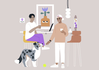 A vibrant coffee bar atmosphere comes alive as two patrons enjoy beverages while chatting, accompanied by a playful dog, The space is adorned with contemporary art and decor