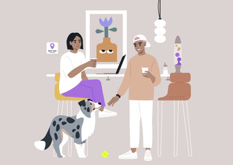 A vibrant coffee bar atmosphere comes alive as two patrons enjoy beverages while chatting, accompanied by a playful dog, The space is adorned with contemporary art and decor