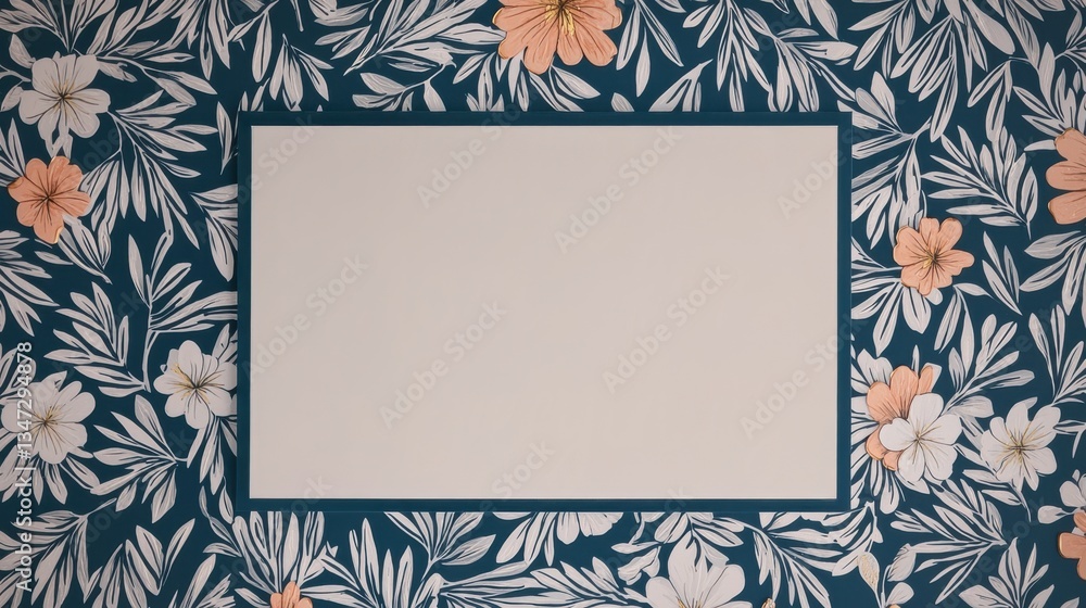 Poster a decorative floral background with a blank rectangular space for text or images, featuring vibrant 