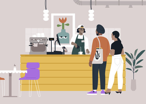 Visitors engage with a friendly barista at a chic design cafe filled with modern decor, creating a lively environment for socializing and enjoying great coffee