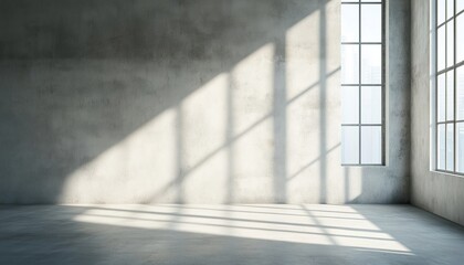 Interior Space Featuring Sunlit Empty Room With Concrete Wall And Window. Scene Ideal For Product Display With Natural Sunlight.
