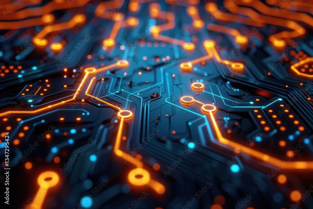 Poster intricate honeycomb pattern showcases glowing blue pathways interwoven with circuit traces in a high