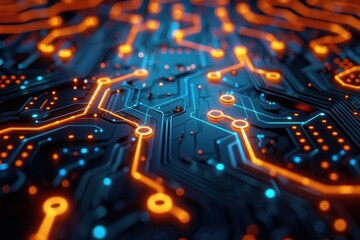 Obraz premium Intricate honeycomb pattern showcases glowing blue pathways interwoven with circuit traces in a high-tech layout