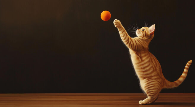 Gato laranja envolvido em brincadeiras divertidas com uma bola em um piso de madeira, capturando uma cena animada da energia alegre e curiosidade do gato laranja, com amplo espa&ccedil;o para texto.