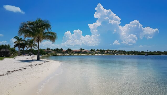 Tranquil beach scene with palm trees, calm water, and residential buildings in the background.  Soft white sand meets the clear, shallow water.  A perfect day for relaxation - Powered by Adobe