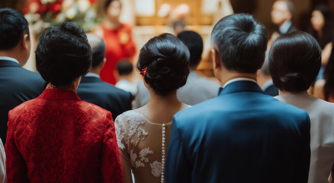 Casal irreconhec&iacute;vel e convidados de costas para o altar em uma igreja. O foco est&aacute; no noivo enquanto a cerim&ocirc;nia se desenrola, criando uma atmosfera serena com amplo espa&ccedil;o para fotos.