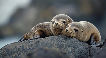 Fototapeta premium As focas peludas do Alasca relaxam em uma costa rochosa, criando uma cena tranquila. Esta imagem captura a essência das focas peludas do Alasca em seu habitat natural, com amplo espaço para cópia