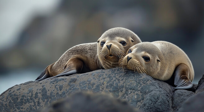 As focas peludas do Alasca relaxam em uma costa rochosa, criando uma cena tranquila. Esta imagem captura a ess&ecirc;ncia das focas peludas do Alasca em seu habitat natural, com amplo espa&ccedil;o para c&oacute;pia