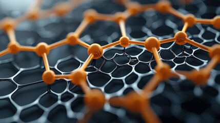 A close-up view of a molecular structure featuring interconnected hexagonal shapes with orange nodes, highlighting advanced material design.