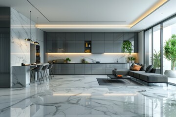 Stylish kitchen features a large white marble slab with gentle veining, modern cabinetry, and lighting