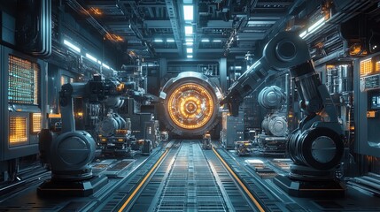 Fototapeta premium Industrial automation with robotic assembly, digital background, sleek metallic tones 