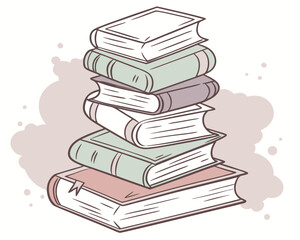 This charming illustration features a lovingly stacked pile of nine books adorned with a heart, symbolizing the passion for reading and knowledge.