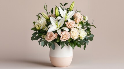 Naklejka premium A beautiful floral arrangement featuring white lilies and soft pink roses in a modern vase, perfect for decoration or gifting.