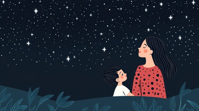 A mother and child gaze at a starry night sky, surrounded by gentle hills and leaves, capturing a moment of wonder and connection.