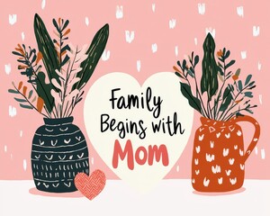 A heartwarming art piece featuring floral arrangements in vases, with the text "Family Begins with Mom" on a pastel pink background.