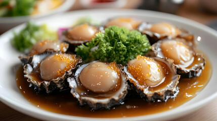 Gourmet seafood dish featuring abalone in a savory oyster sauce for a luxurious meal experience