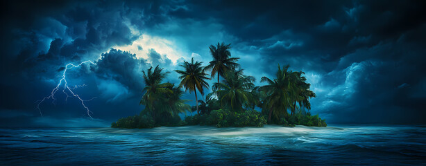 Island Storm: Capturing the raw power of nature, an island oasis withstands a dramatic storm, the clash of the sky and sea creating a mesmerizing scene.