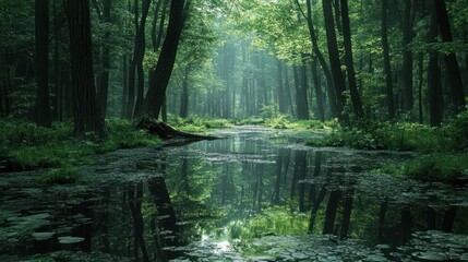 Fototapeta premium Enchanted Forest River Reflection: A Serene Escape into Nature's Embrace