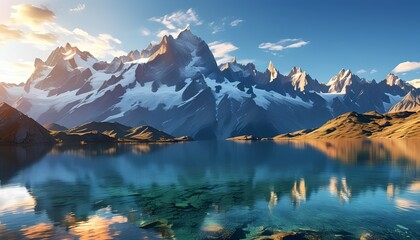 Fototapeta premium Majestic Mountain Range with Clear Lake and Golden Sunlight Glow