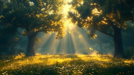 Luminous Woodland Vista: Golden Sunlight Filtering Through Lush Green Trees and Blooming Meadow, Creating a Serene and Magical Natural Scene.