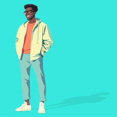 Casual Young Man in Stylish Clothing Standing Against Vibrant Blue Background.