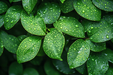 Fototapeta premium Fresh green leaves with raindrops in lush foliage