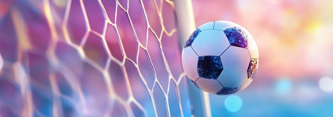 Soccer Ball Entering Goal Net, Colorful Background