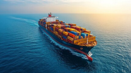 Cargo ship transporting goods across ocean waters at sunset maritime scene aerial view transportation concept