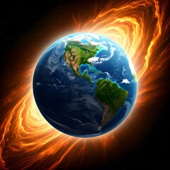 Fototapeta premium A lush, Earth-like planet with vast oceans, green continents, and swirling white clouds, set against a vibrant nebula, AI Generated