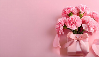Fototapeta premium A bouquet of pink carnations tied with a pink ribbon lies next to a small gift box wrapped in brown paper and adorned with a pink ribbon on a pink background Generative AI