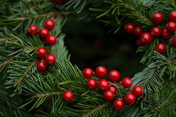 Green fir branch frame with red berries and ornaments, creating a festive look with space for text