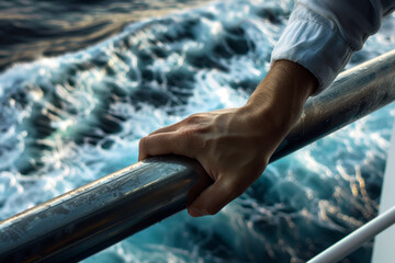 A close-up of a person's hand gripping a metal railing on a boat, with the ocean waves churning below.