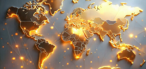 Gold world map in the background. Seamless pattern flat illustration style and world map. Ultra-modern gold lines world map with glowing edges. Golden world map background global luxury travel.