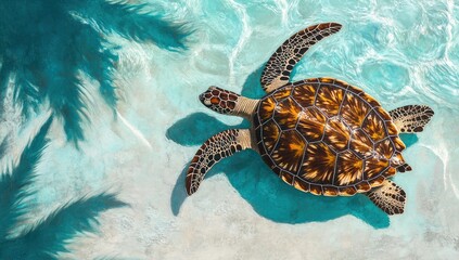 Fototapeta premium Turtle swimming in shallow turquoise water, palm shadows