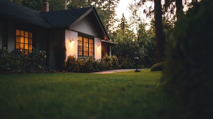 a house with a light on in the dark outside of it's windows and a lawn in front of it