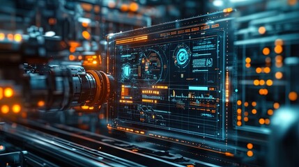 Fototapeta premium Automated smart factory, robots performing precise tasks, holographic data overlays 