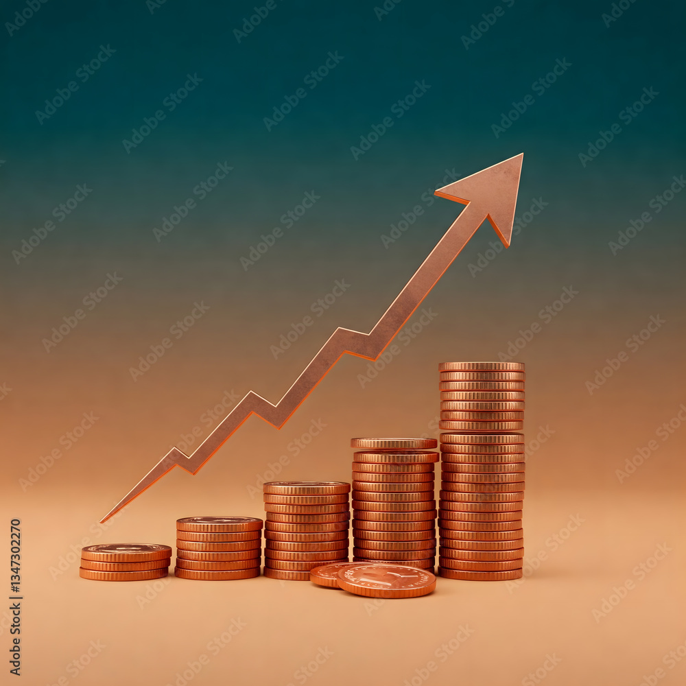Poster a golden arrow points upward across stacks of coins, set against a gradient background of teal and p
