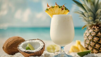 Refreshing tropical smoothie drink on a sandy beach