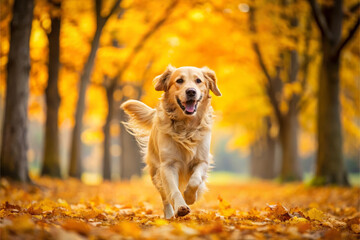 Joyful Labrador runs through an autumn park, surrounded by trees in warm, golden fall tones. Vibrant leaves cover ground, creating picturesque autumn scene