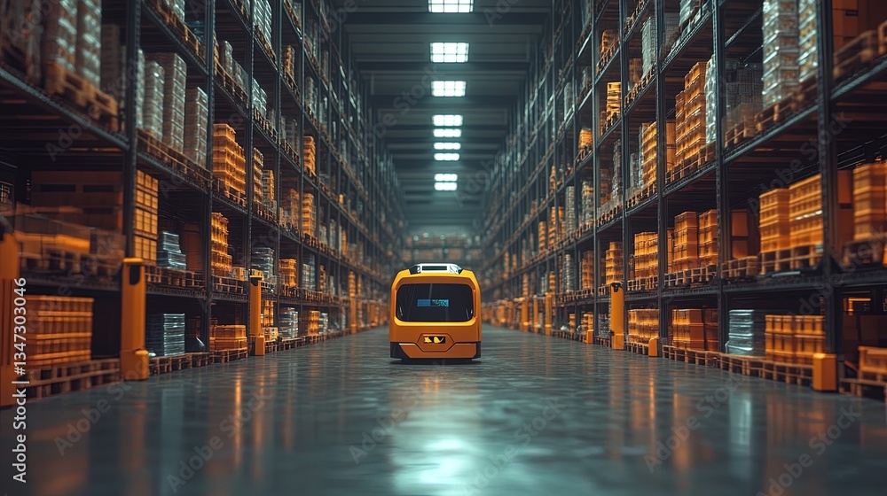 Poster automated logistics warehouse, robots stacking and organizing inventory, efficient and futuristic